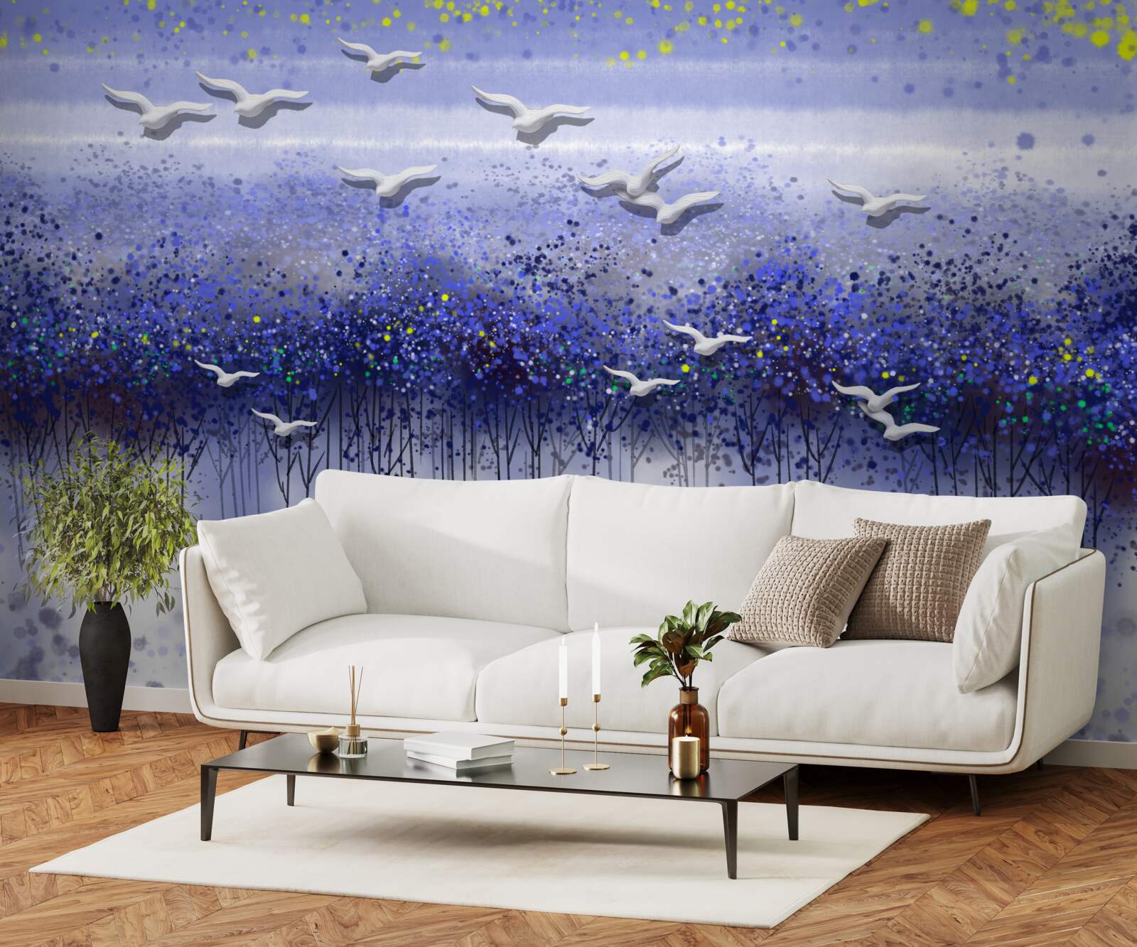 Fotobehang een groep vogels in de lucht boven het bos en het meer, ondergedompeld in de schemering