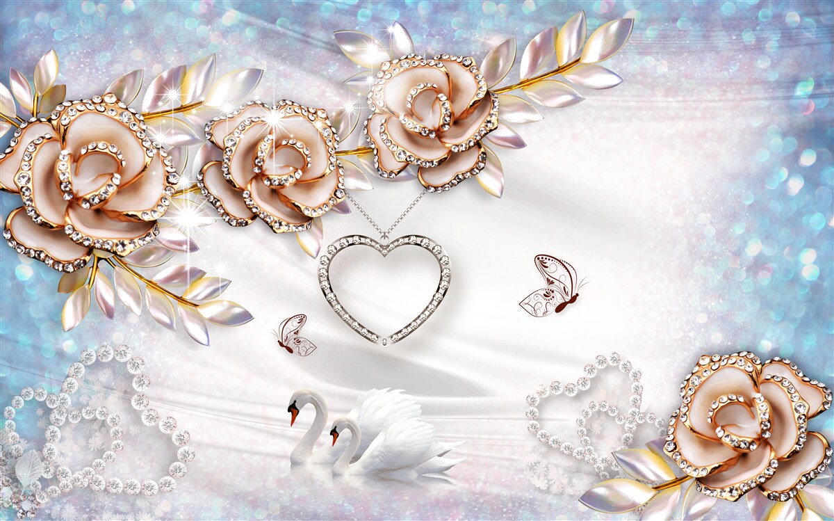 Fotobehang takken van bloemen glinsterend van goud en zwanen wit als sneeuw