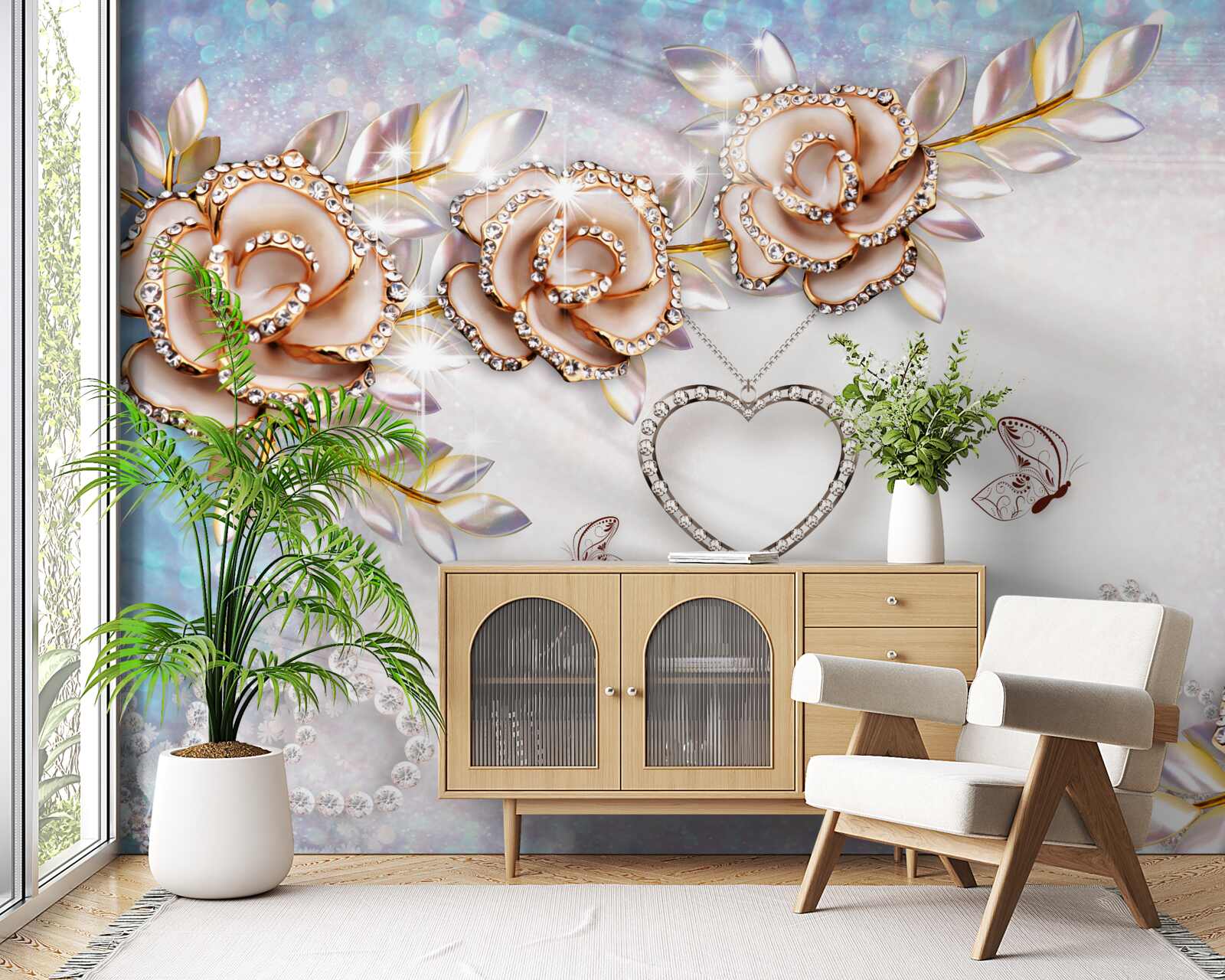 Fotobehang takken van bloemen glinsterend van goud en zwanen wit als sneeuw