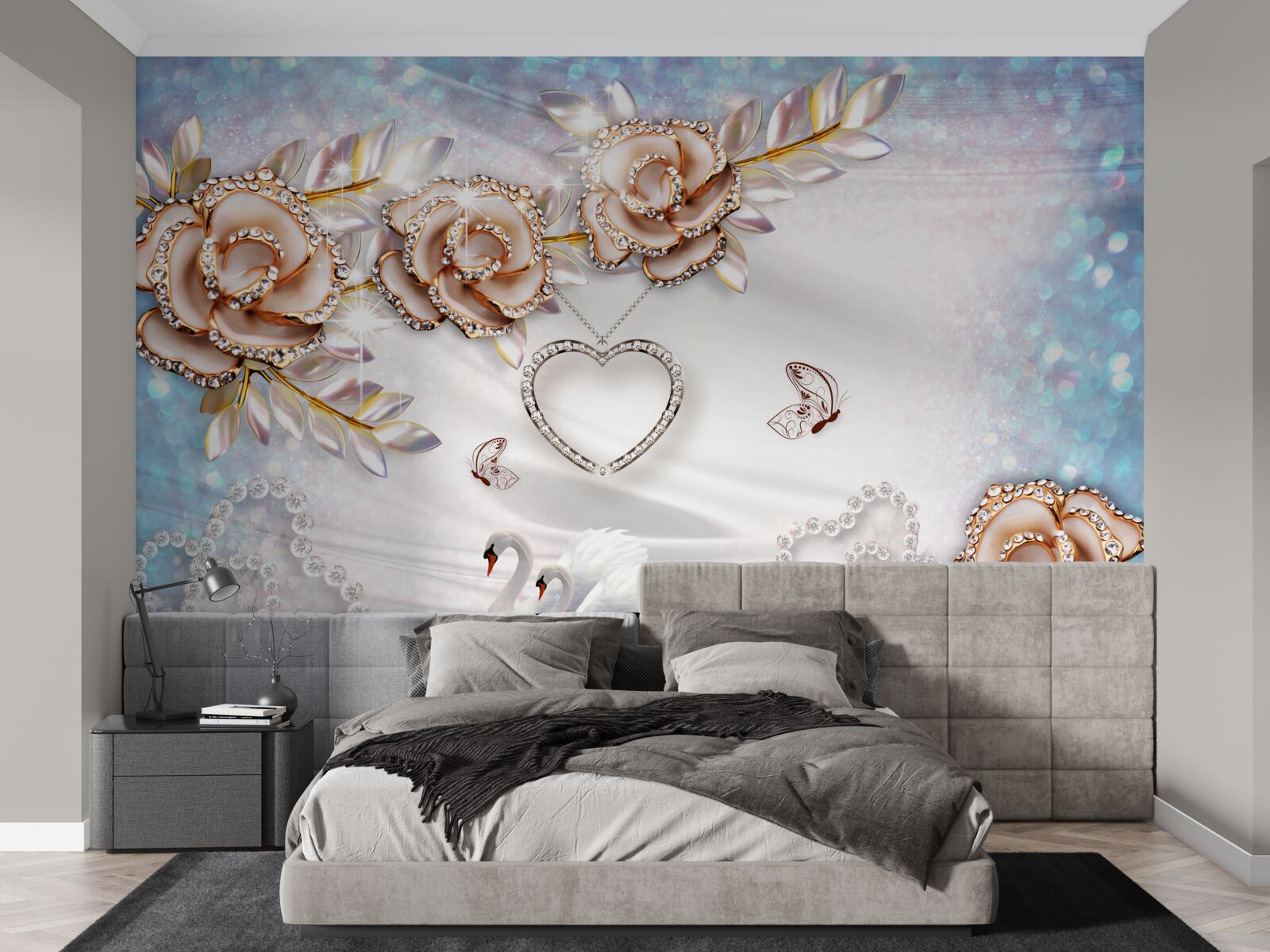 Fotobehang takken van bloemen glinsterend van goud en zwanen wit als sneeuw