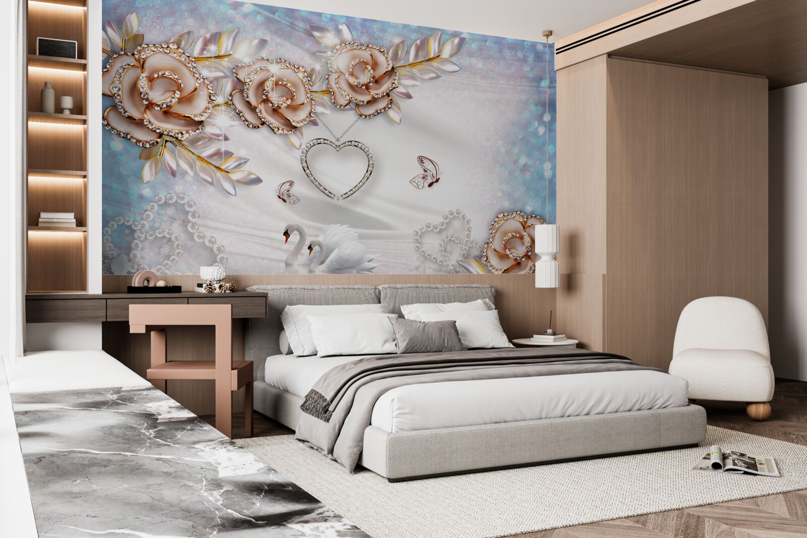 Fotobehang takken van bloemen glinsterend van goud en zwanen wit als sneeuw