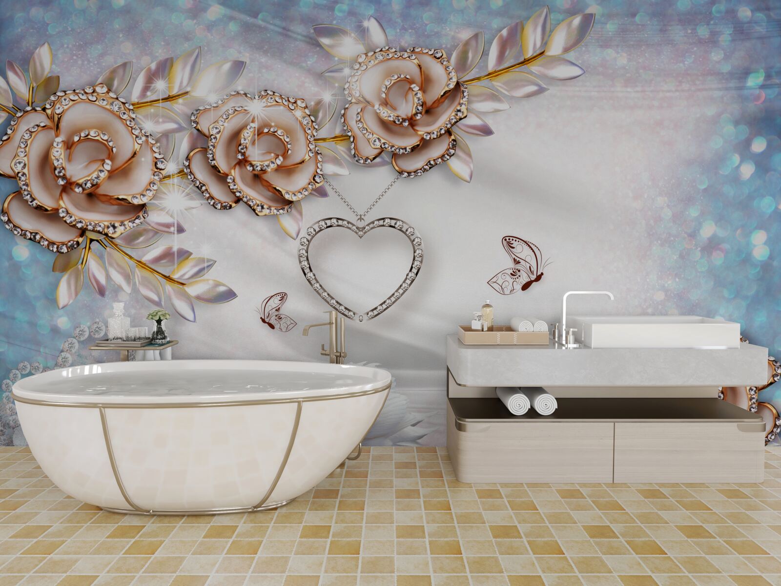 Fotobehang takken van bloemen glinsterend van goud en zwanen wit als sneeuw