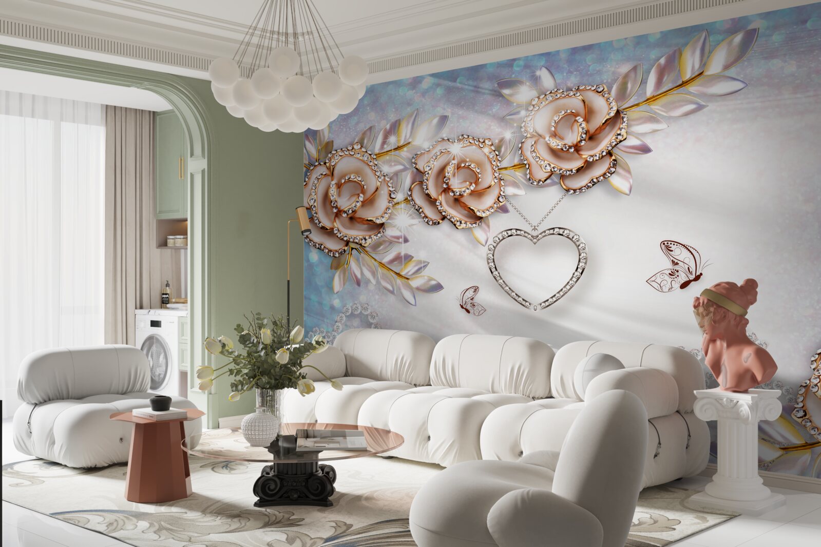 Fotobehang takken van bloemen glinsterend van goud en zwanen wit als sneeuw