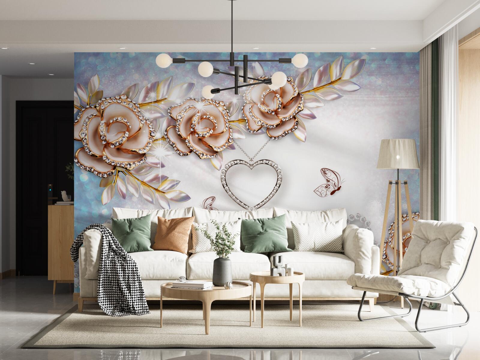 Fotobehang takken van bloemen glinsterend van goud en zwanen wit als sneeuw