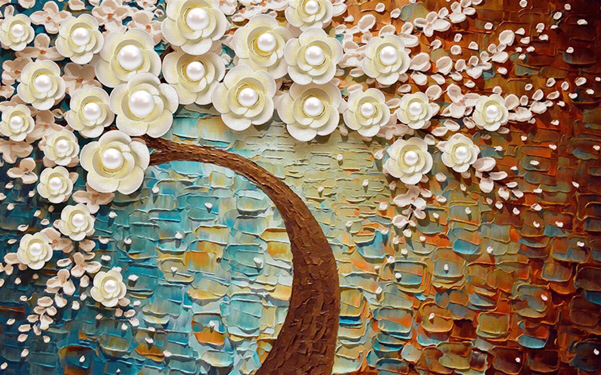 Fotobehang boom met parelwitte bloemen