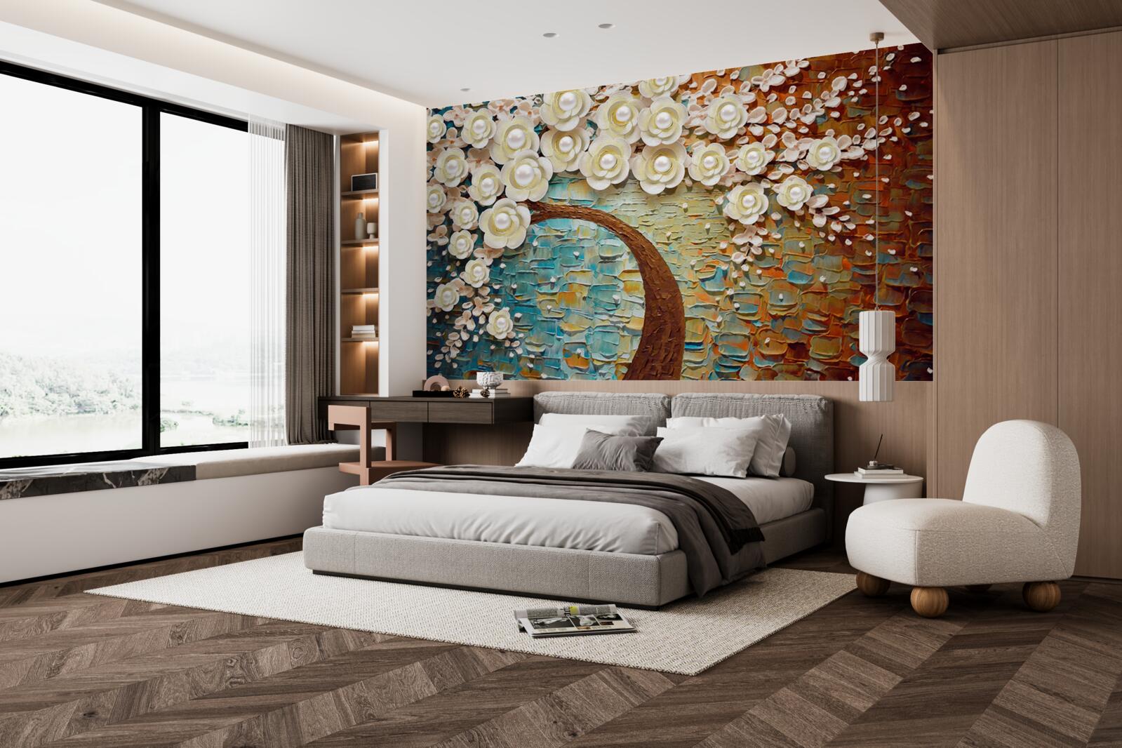 Fotobehang boom met parelwitte bloemen