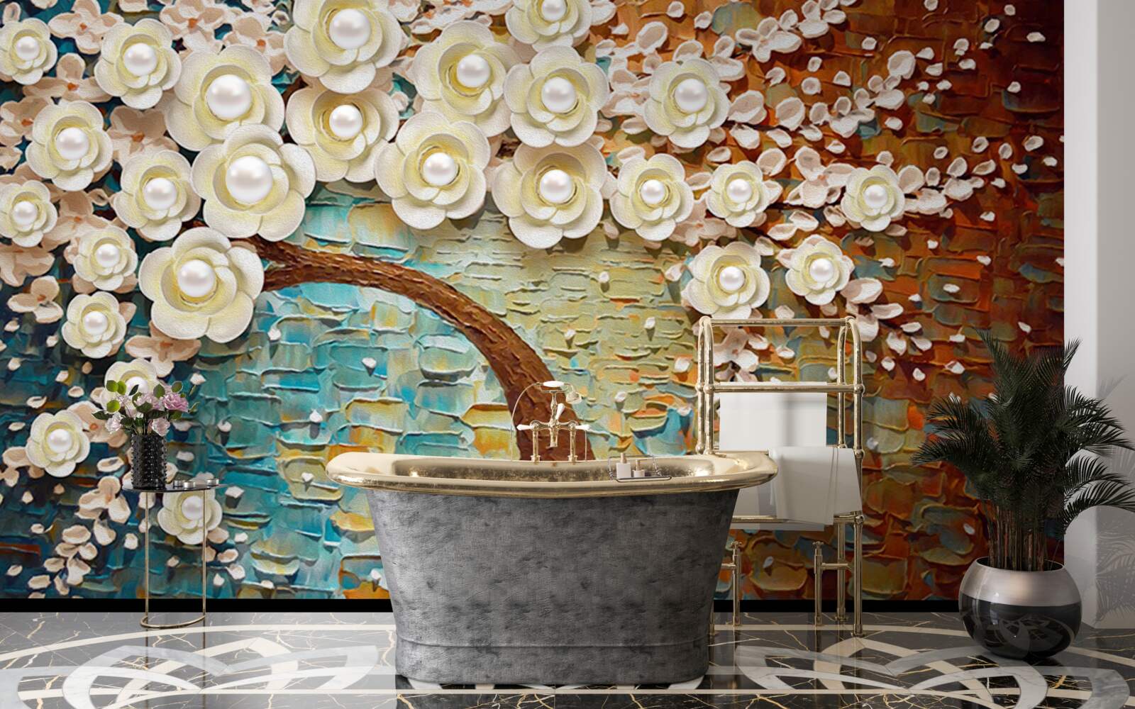 Fotobehang boom met parelwitte bloemen