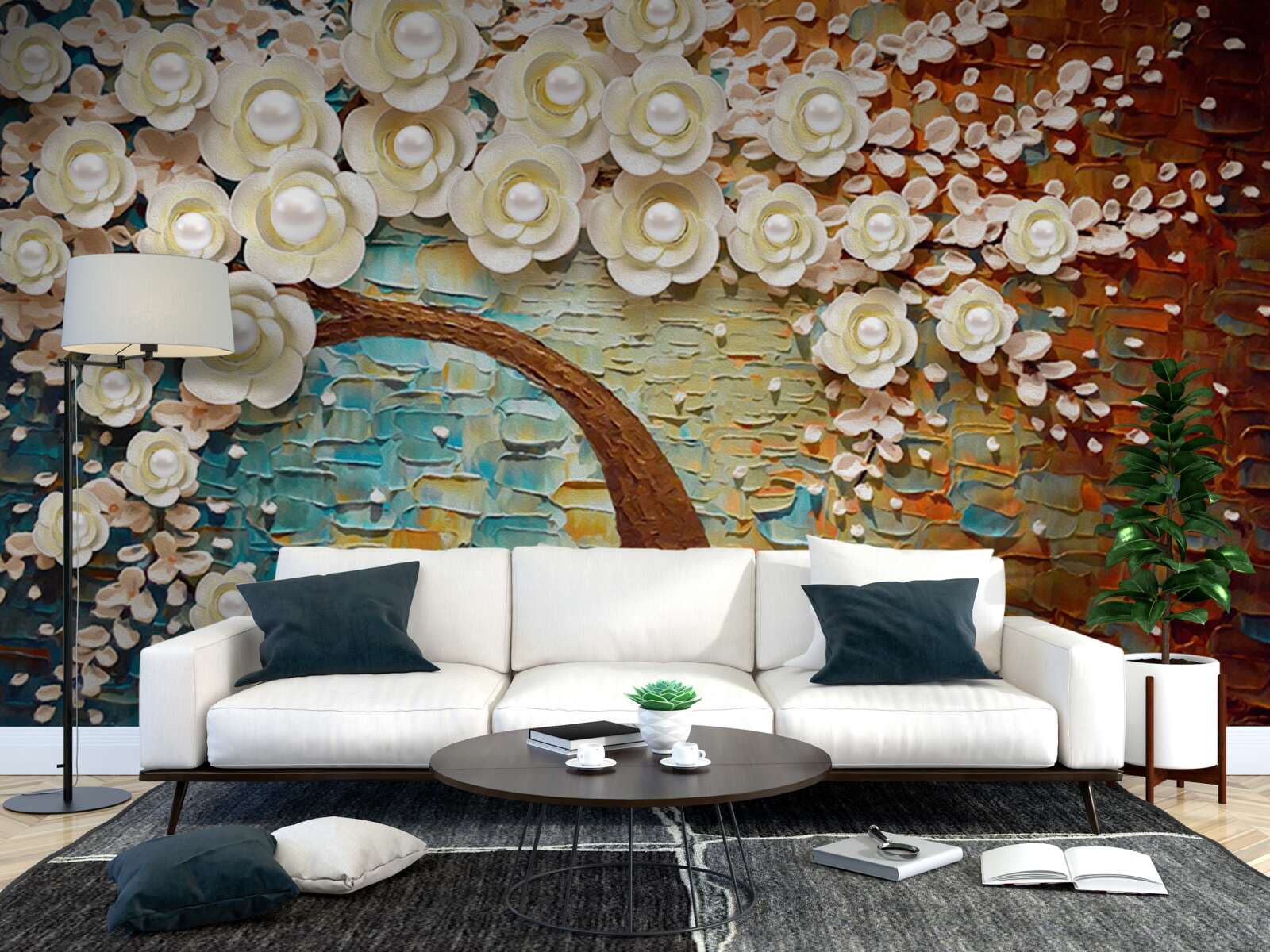 Fotobehang boom met parelwitte bloemen