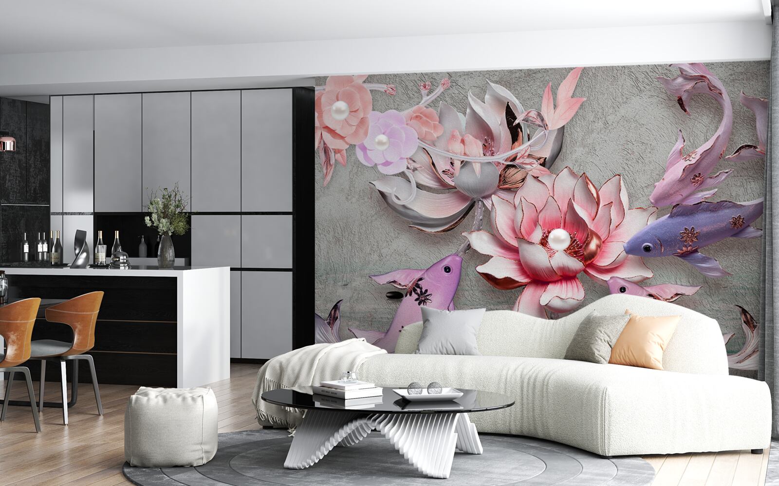 Fotobehang meertafereel met lotussen en vissen