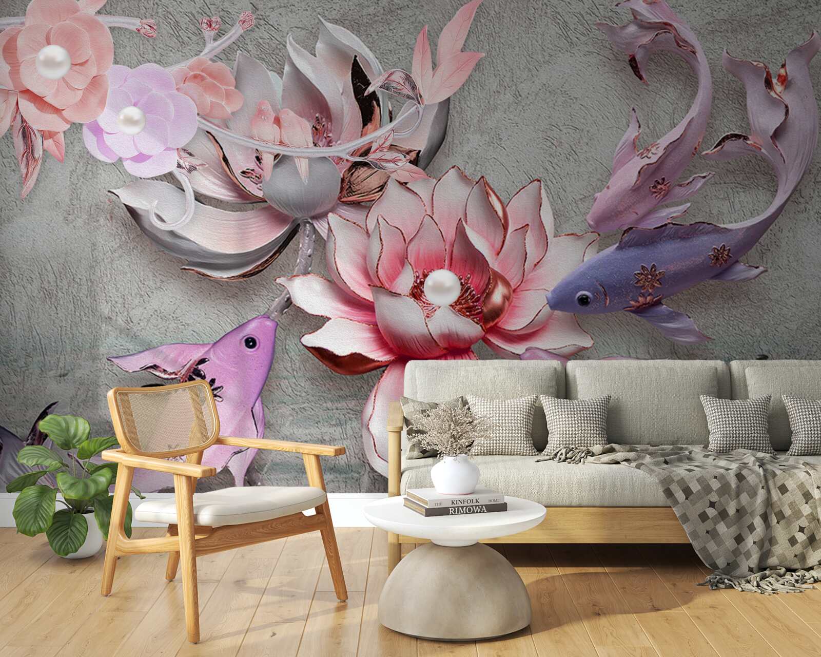 Fotobehang meertafereel met lotussen en vissen