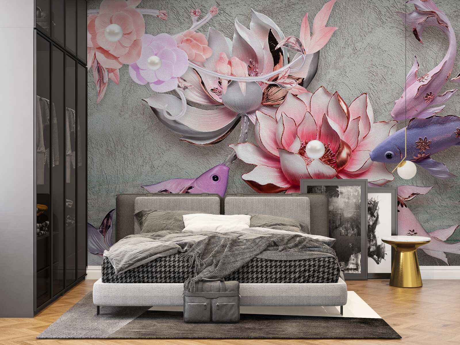 Fotobehang meertafereel met lotussen en vissen