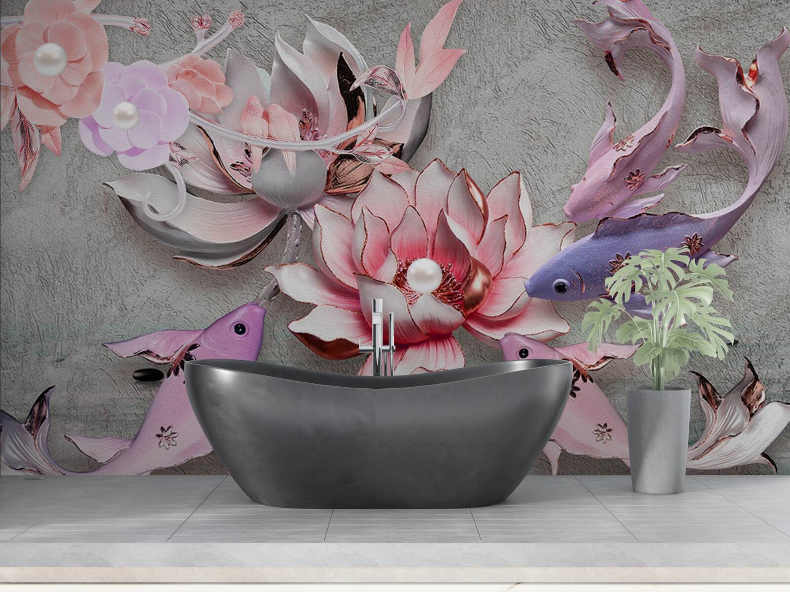 Fotobehang meertafereel met lotussen en vissen