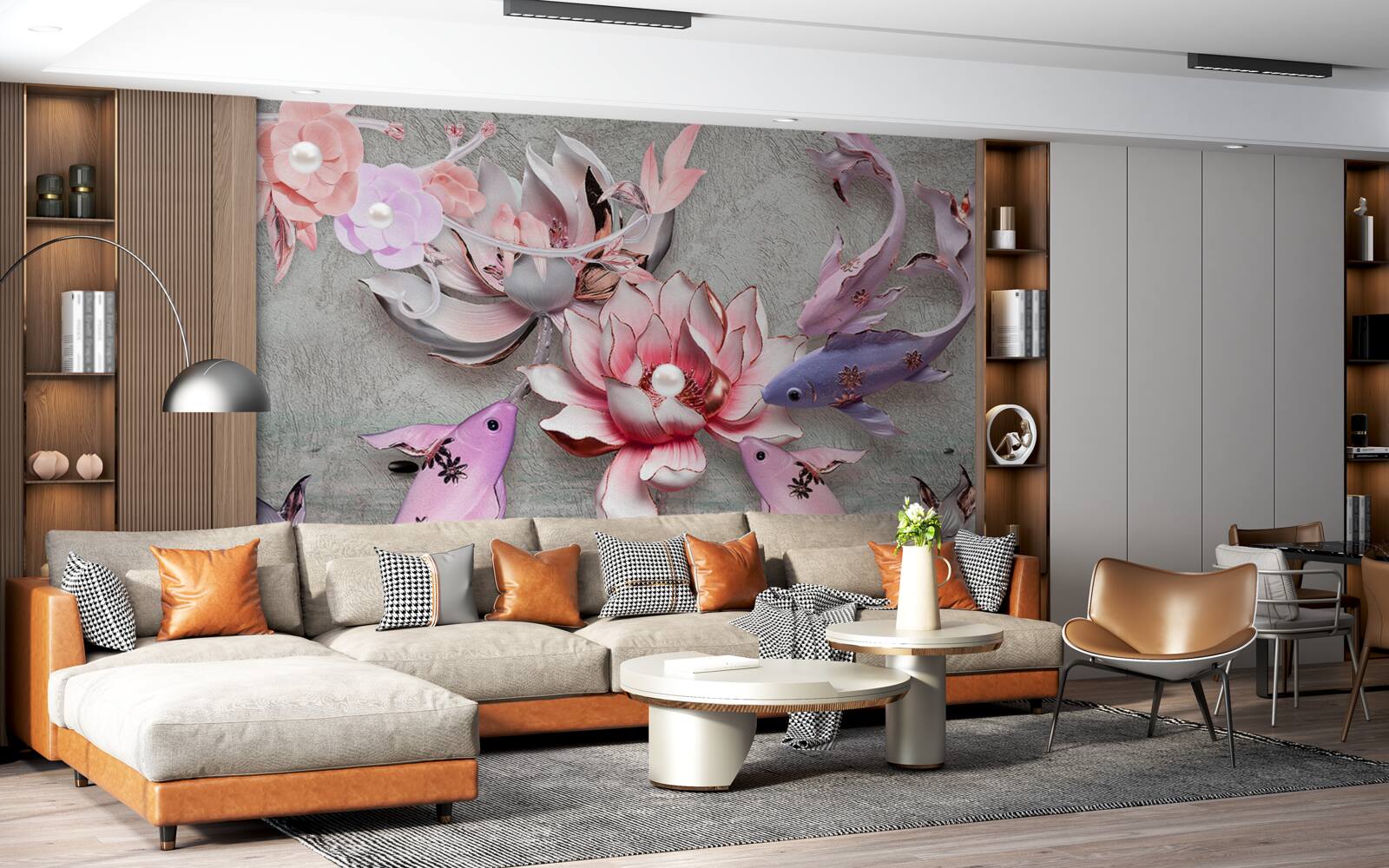 Fotobehang meertafereel met lotussen en vissen