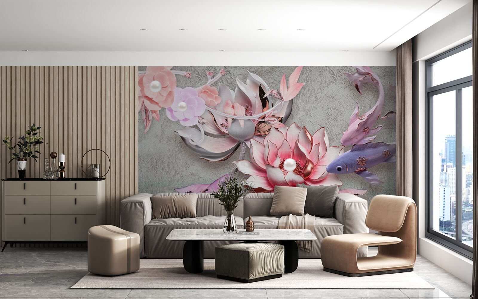 Fotobehang meertafereel met lotussen en vissen