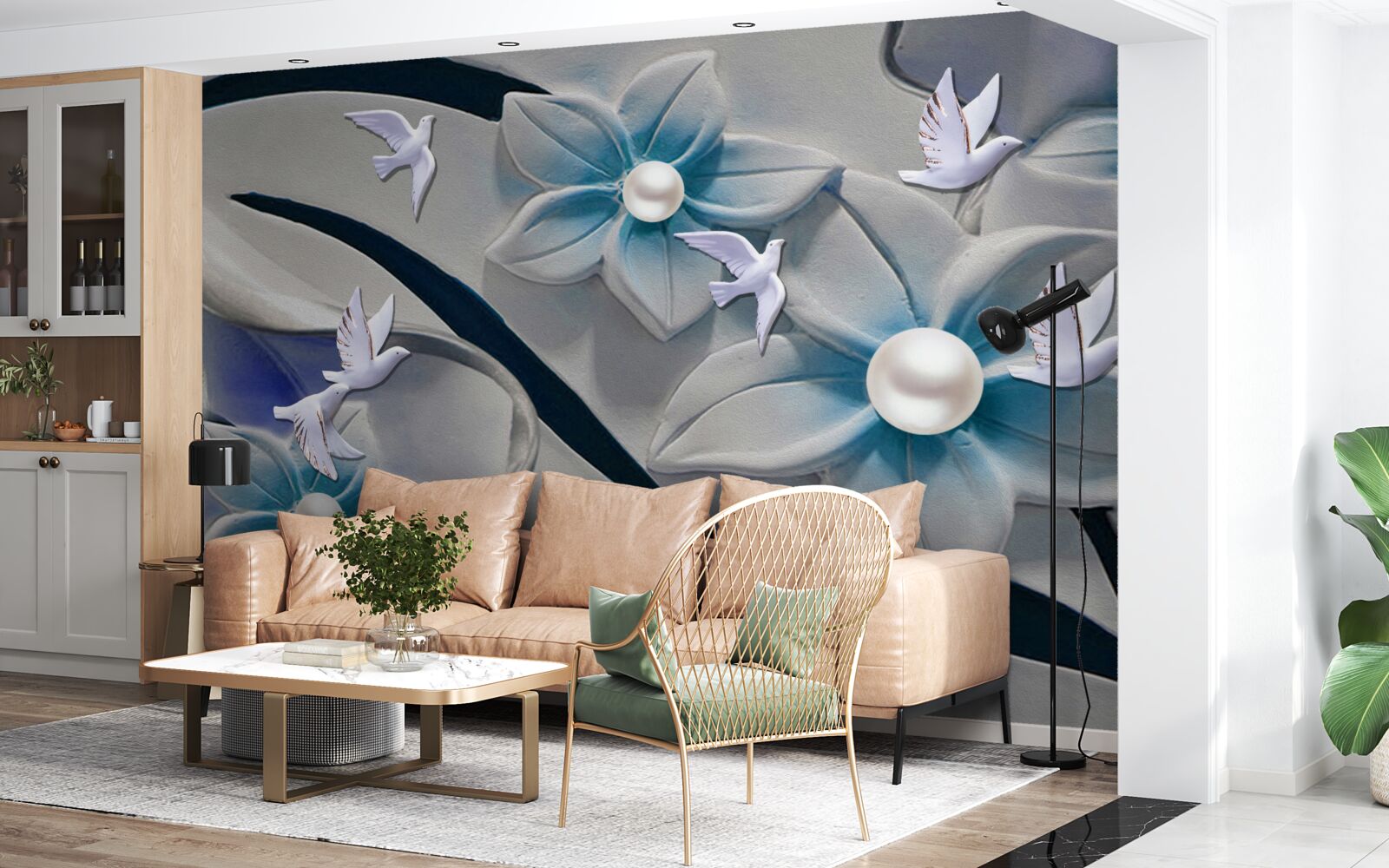 Fotobehang sneeuwwitte bloemen met parels, versierd met vlinders