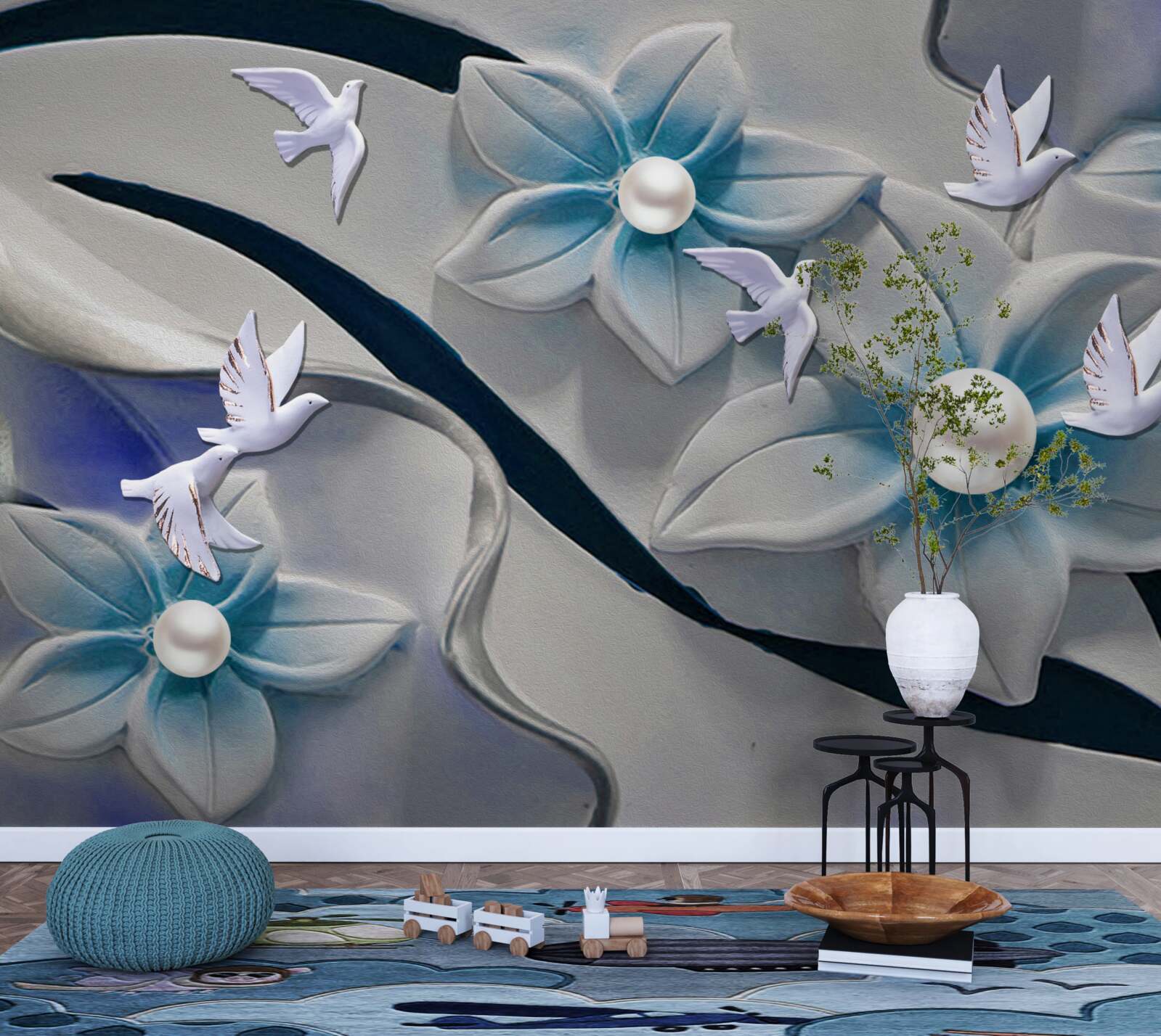 Fotobehang sneeuwwitte bloemen met parels, versierd met vlinders