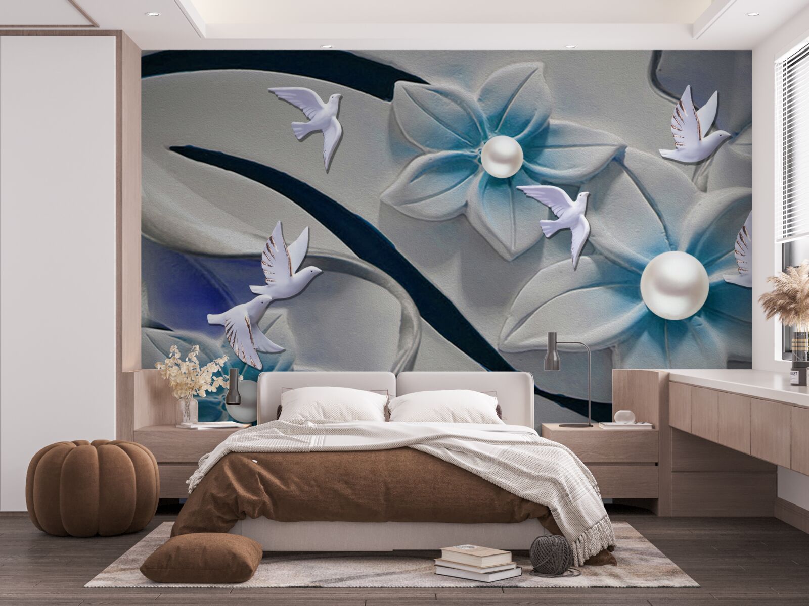 Fotobehang sneeuwwitte bloemen met parels, versierd met vlinders