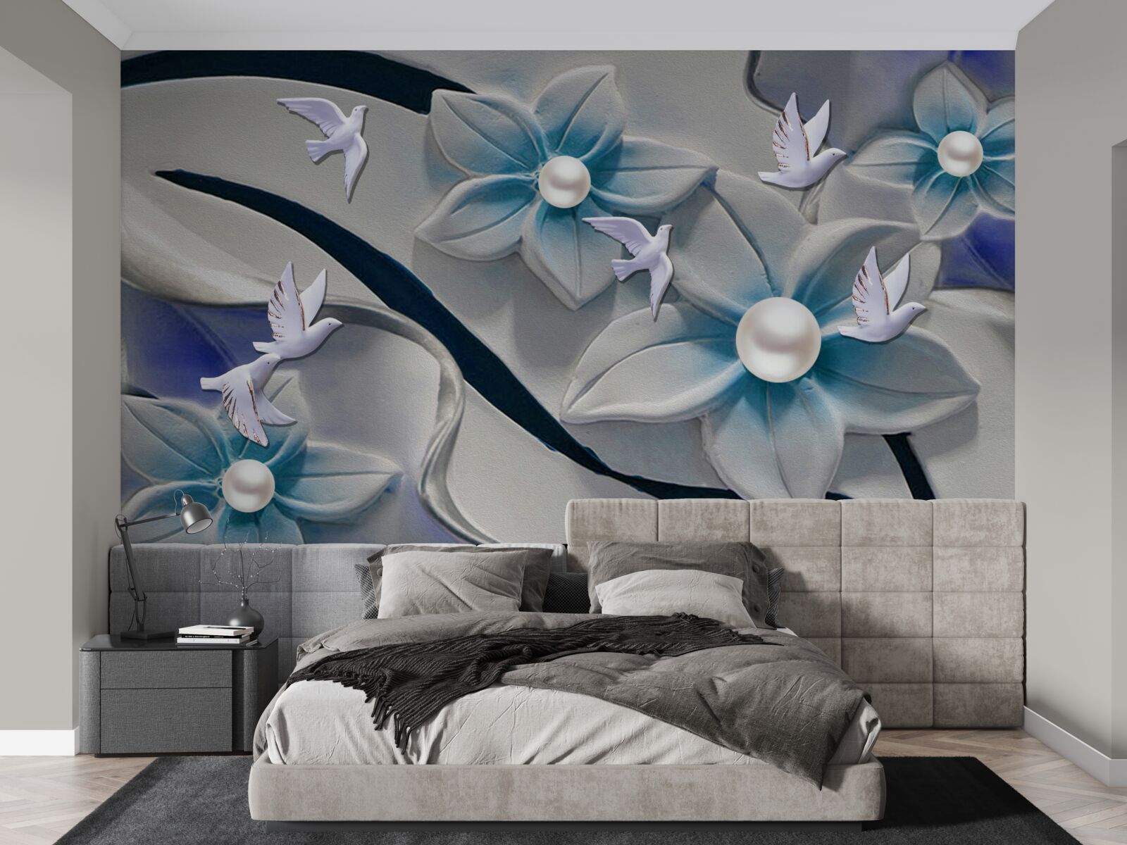 Fotobehang sneeuwwitte bloemen met parels, versierd met vlinders