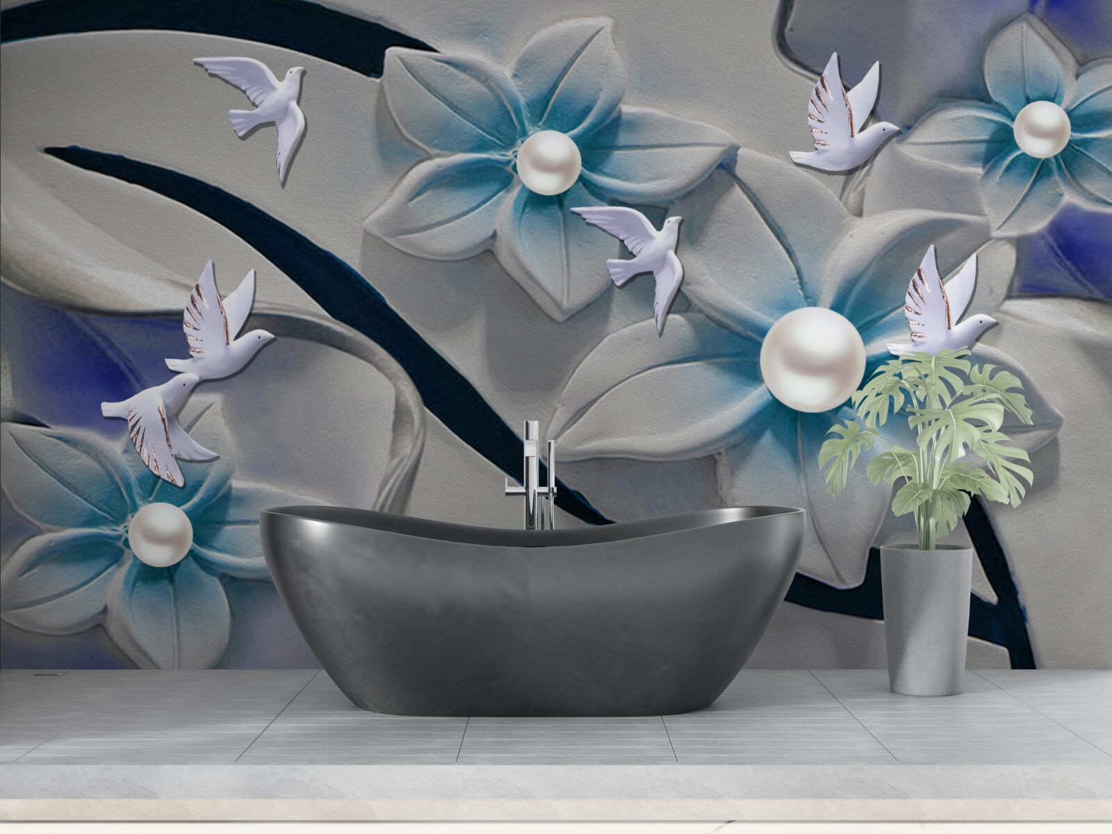 Fotobehang sneeuwwitte bloemen met parels, versierd met vlinders