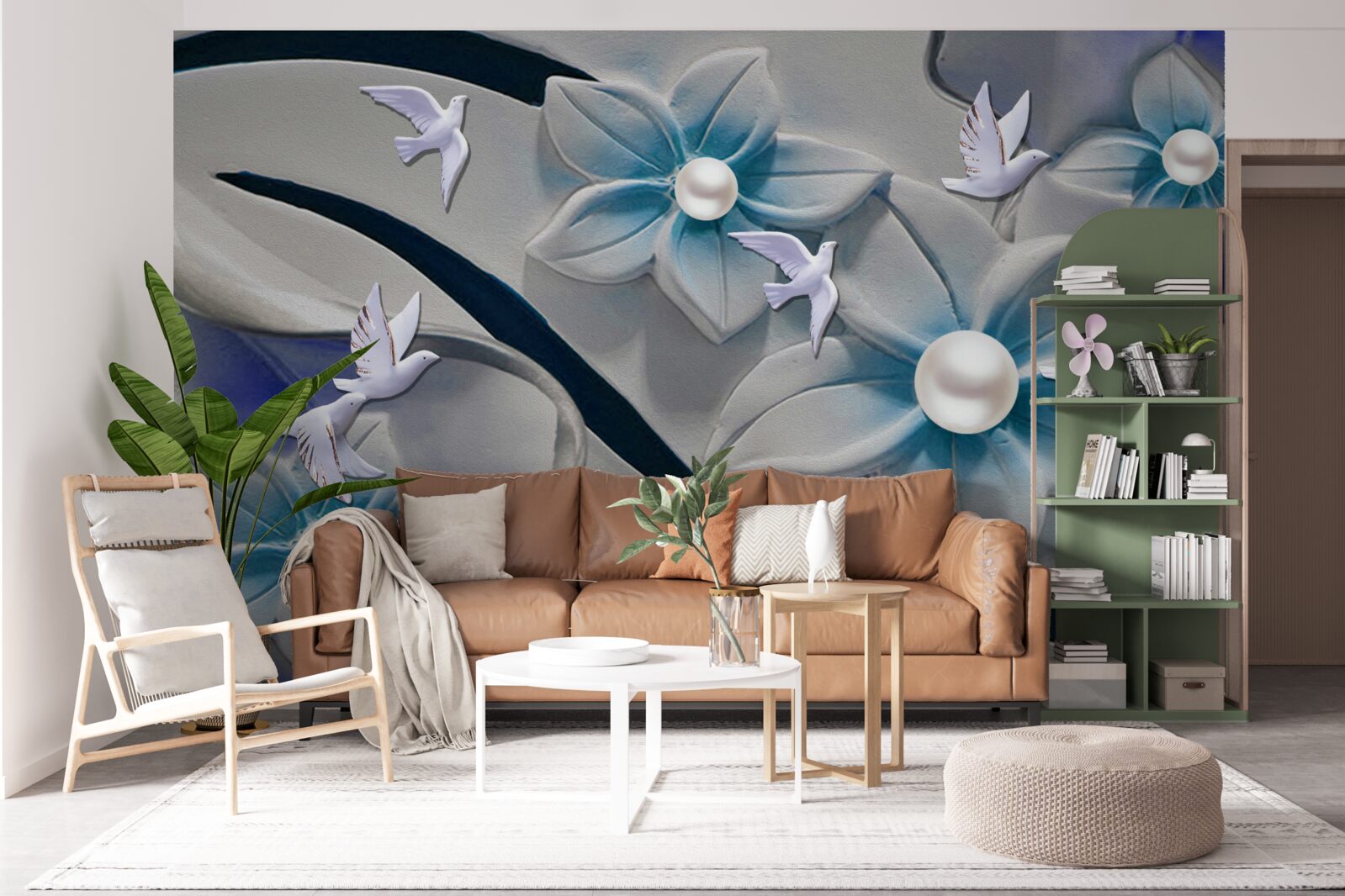 Fotobehang sneeuwwitte bloemen met parels, versierd met vlinders