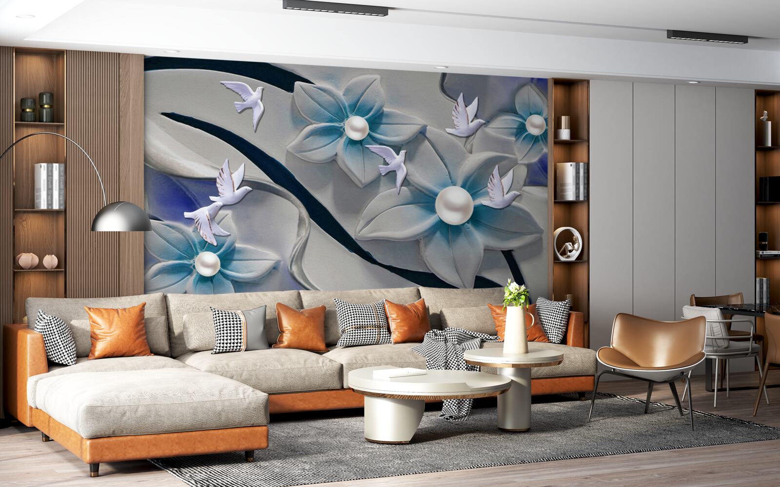 Fotobehang sneeuwwitte bloemen met parels, versierd met vlinders