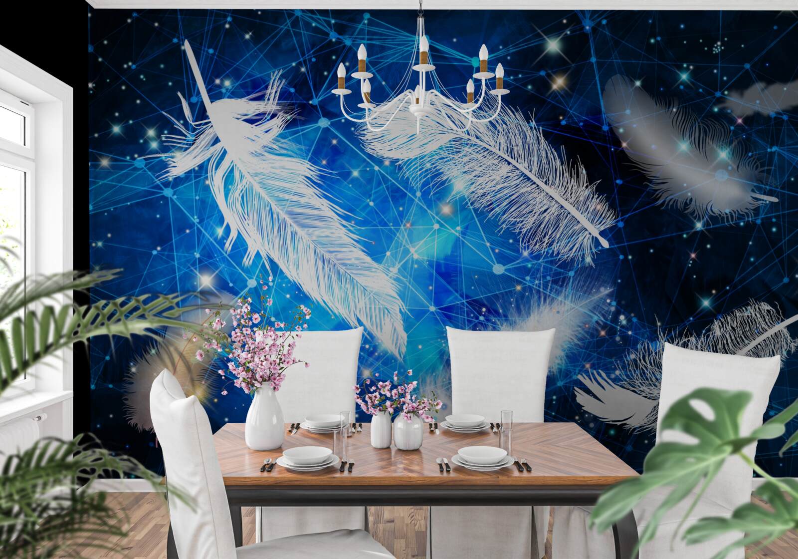 Fotobehang sterrenhemel als achtergrond voor witte veren