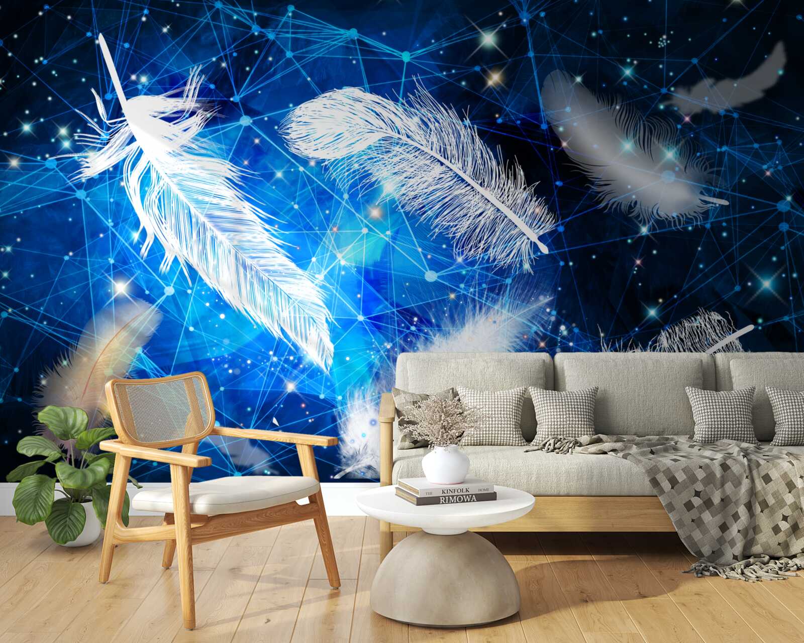 Fotobehang sterrenhemel als achtergrond voor witte veren