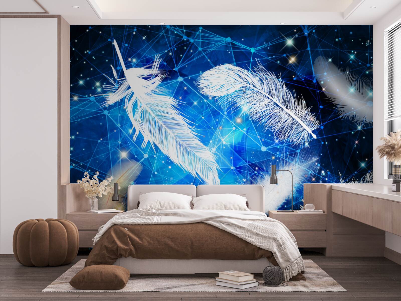 Fotobehang sterrenhemel als achtergrond voor witte veren