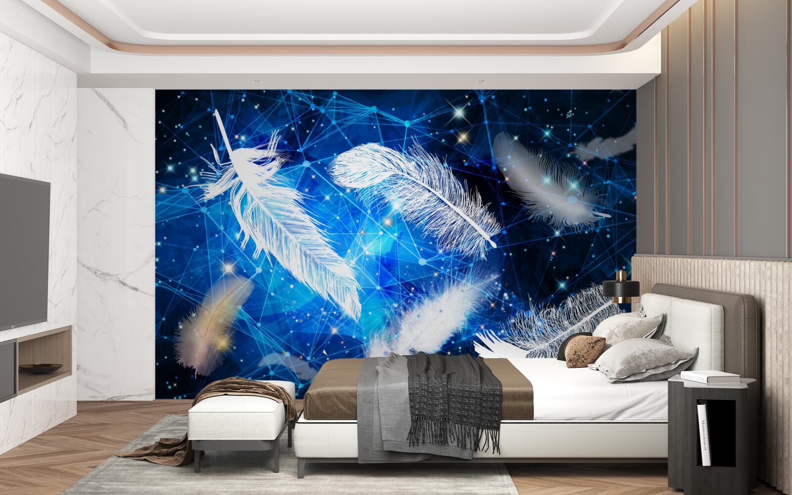 Fotobehang sterrenhemel als achtergrond voor witte veren