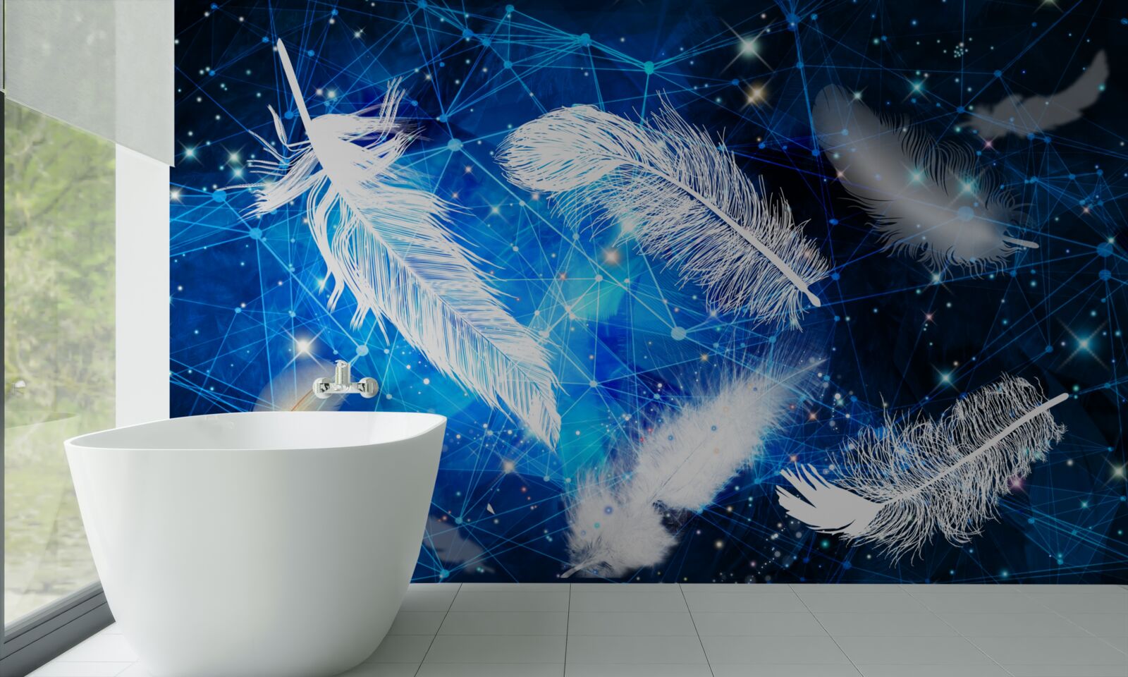 Fotobehang sterrenhemel als achtergrond voor witte veren