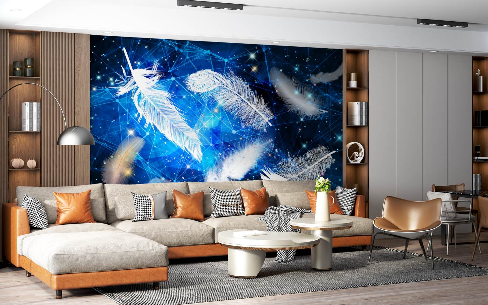 Fotobehang sterrenhemel als achtergrond voor witte veren