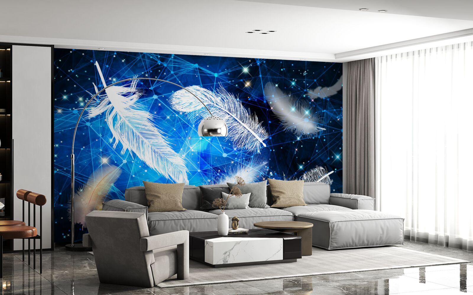 Fotobehang sterrenhemel als achtergrond voor witte veren